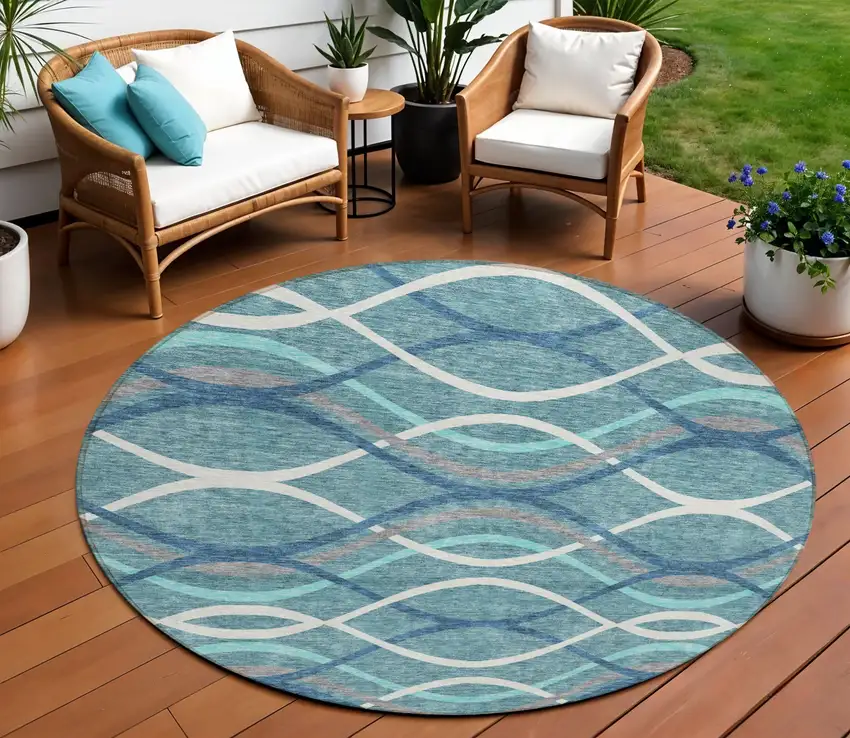 8' Teal Blue Navy Blue And Gray Round Abstract Washable Indoor Outdoor Area Rug Photo 1