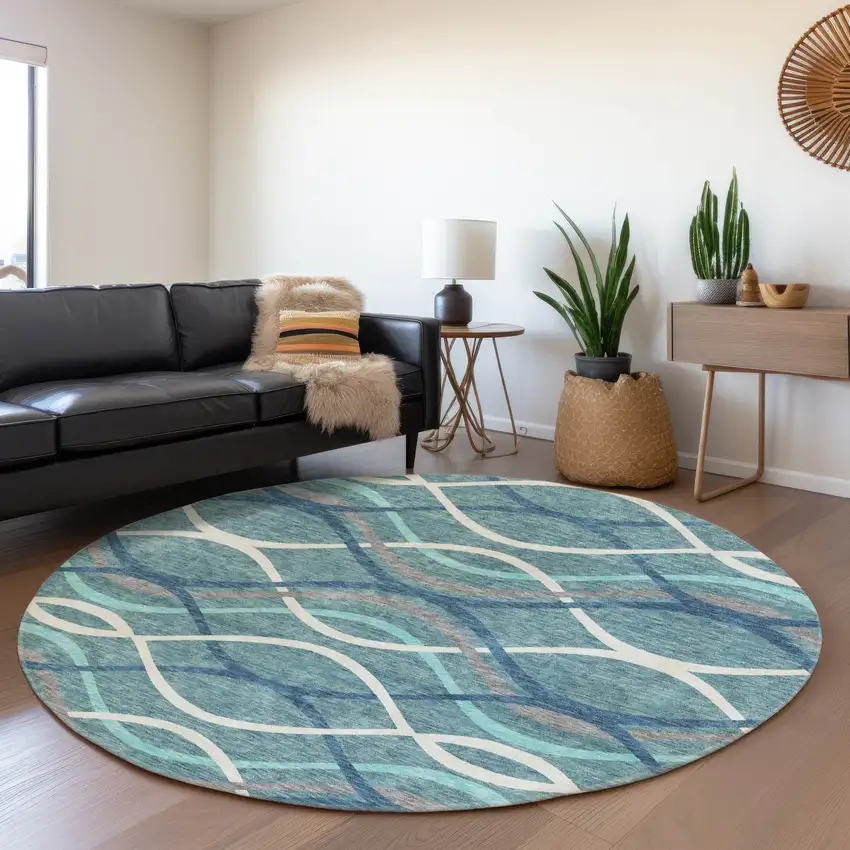 8' Teal Blue Navy Blue And Gray Round Abstract Washable Indoor Outdoor Area Rug Photo 7