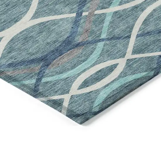 8' Teal Blue Navy Blue And Gray Round Abstract Washable Indoor Outdoor Area Rug Photo 3
