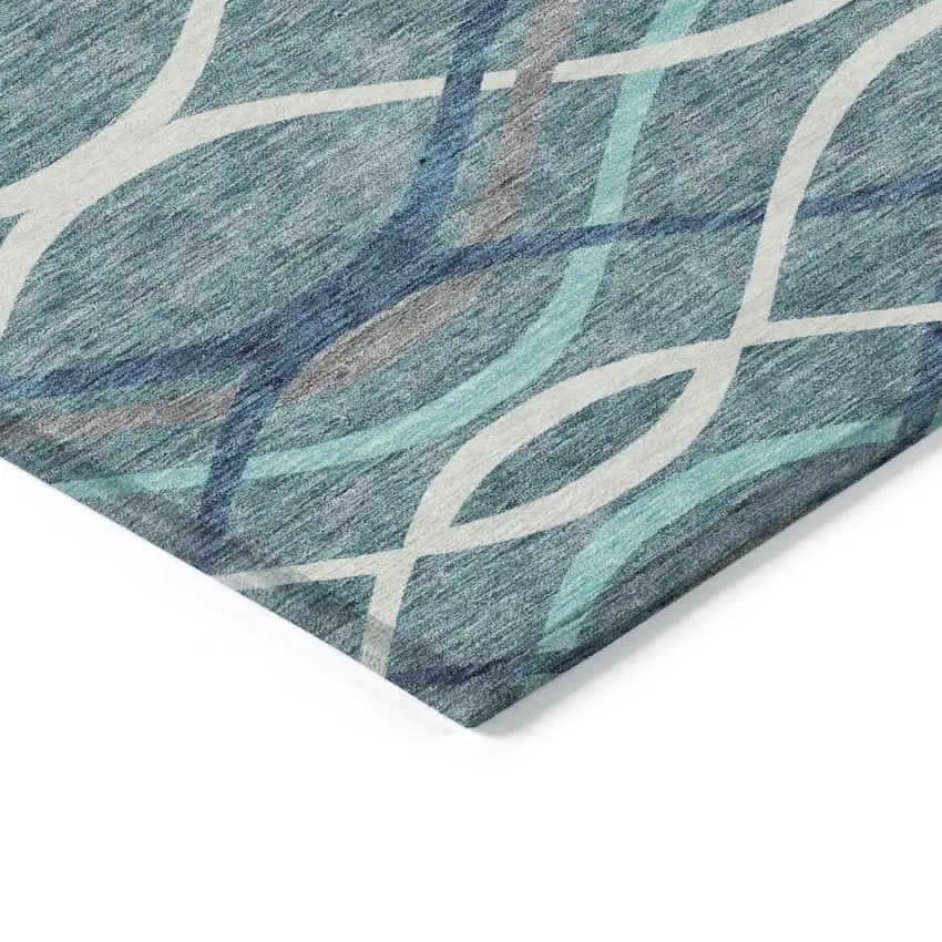 8' Teal Blue Navy Blue And Gray Round Abstract Washable Indoor Outdoor Area Rug Photo 3