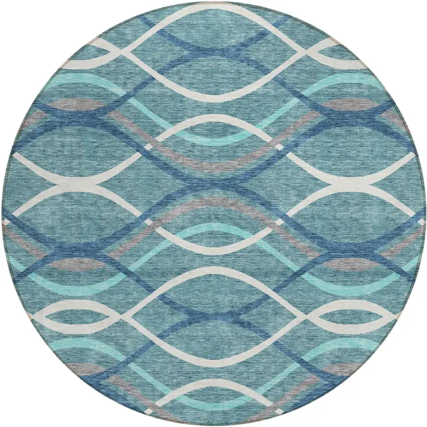 8' Teal Blue Navy Blue And Gray Round Abstract Washable Indoor Outdoor Area Rug Photo 1