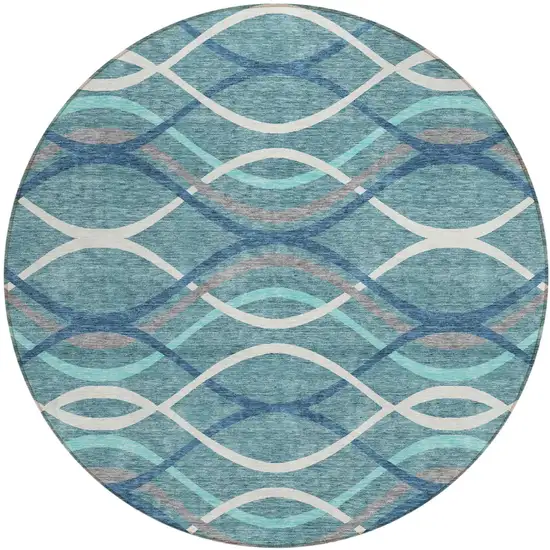 8' Teal Blue Navy Blue And Gray Round Abstract Washable Indoor Outdoor Area Rug Photo 1