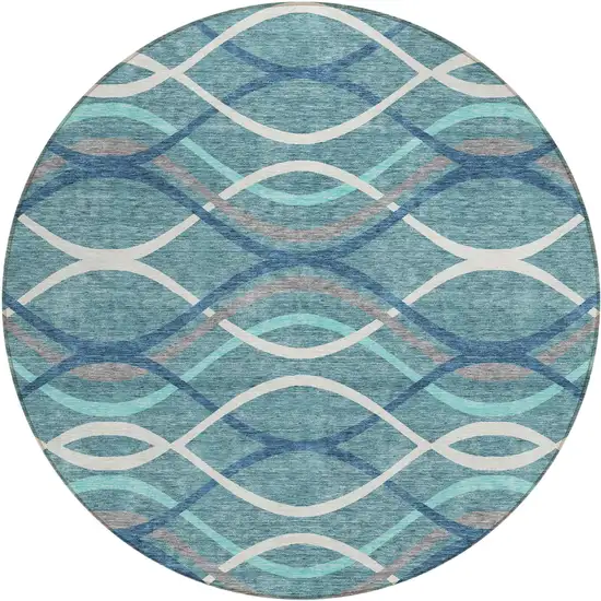 8' Teal Blue Navy Blue And Gray Round Abstract Washable Indoor Outdoor Area Rug Photo 1