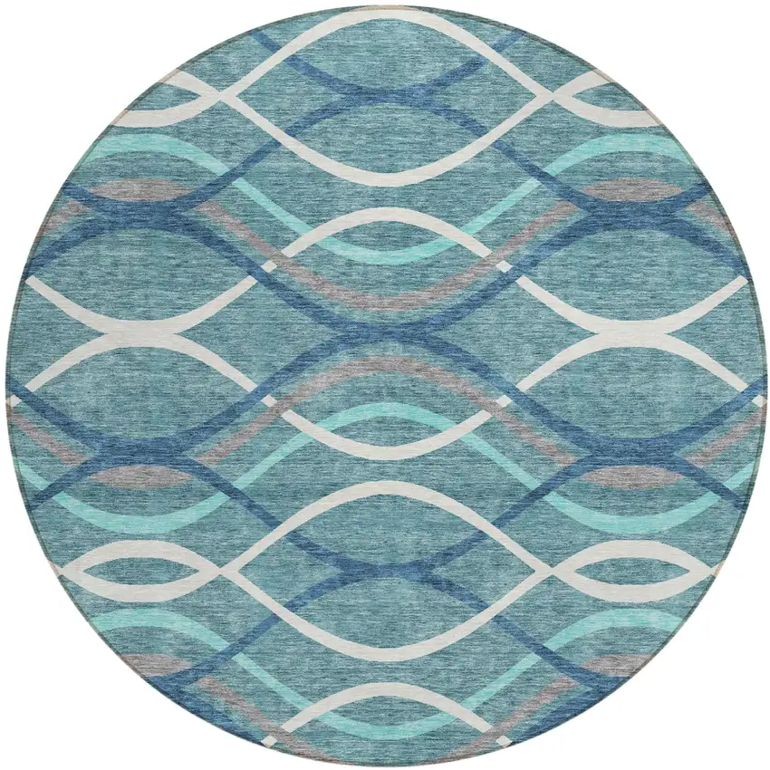 8' Teal Blue Navy Blue And Gray Round Abstract Washable Indoor Outdoor Area Rug Photo 1