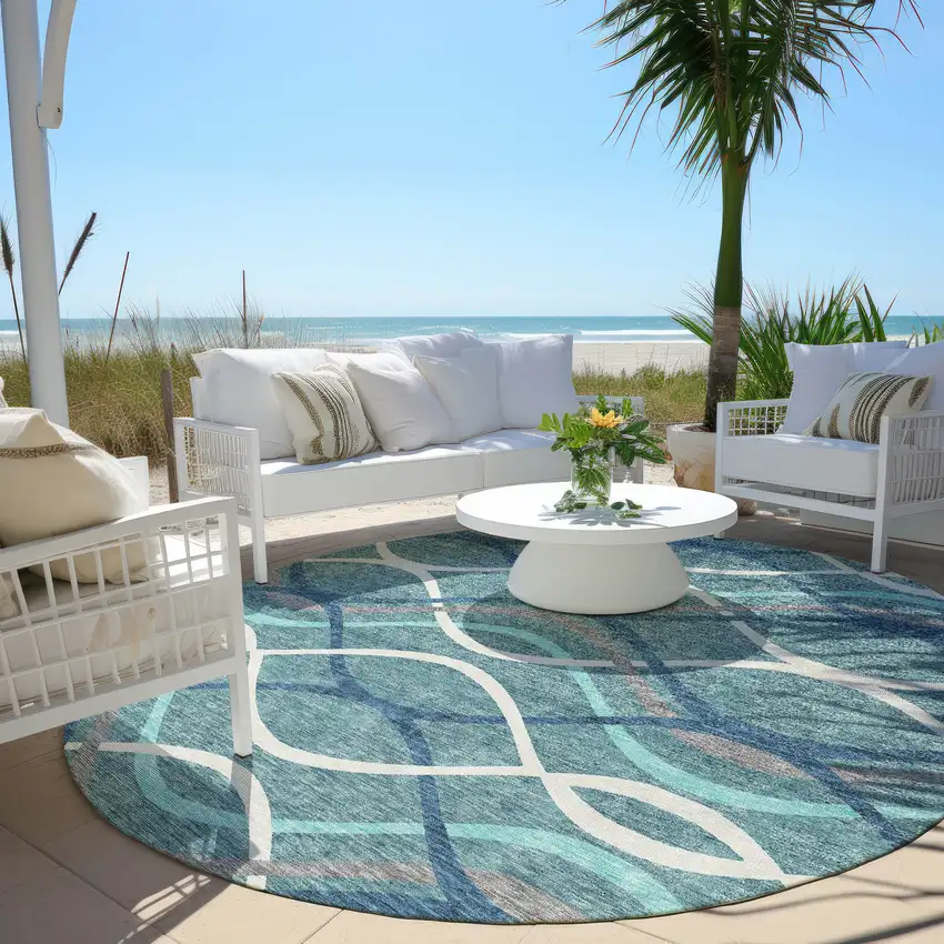 8' Teal Blue Navy Blue And Gray Round Abstract Washable Indoor Outdoor Area Rug Photo 6