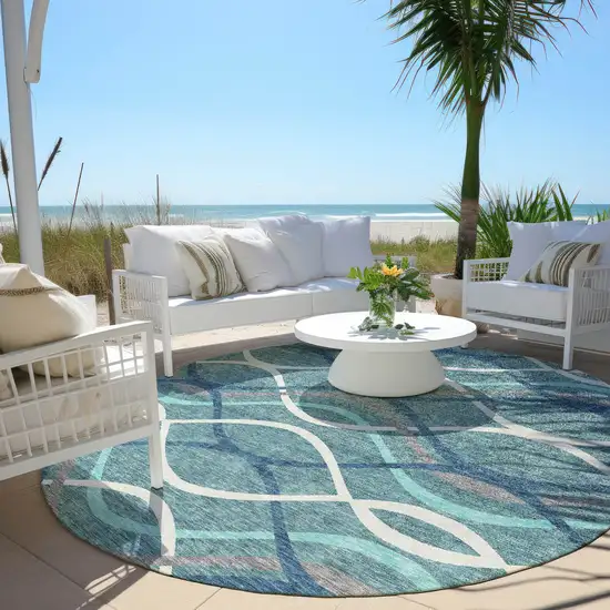 8' Teal Blue Navy Blue And Gray Round Abstract Washable Indoor Outdoor Area Rug Photo 6