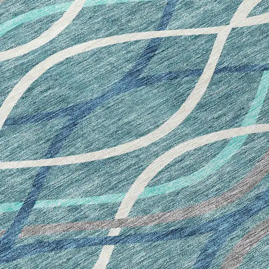 8' Teal Blue Navy Blue And Gray Round Abstract Washable Indoor Outdoor Area Rug Photo 9