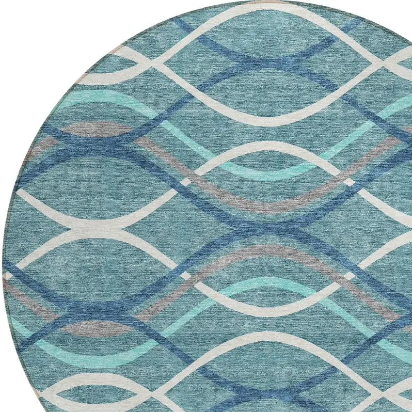 8' Teal Blue Navy Blue And Gray Round Abstract Washable Indoor Outdoor Area Rug Photo 4