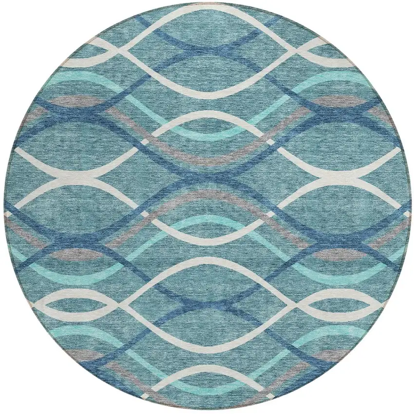 8' Teal Blue Navy Blue And Gray Round Abstract Washable Indoor Outdoor Area Rug Photo 5
