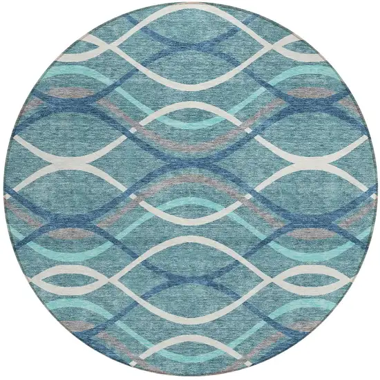 8' Teal Blue Navy Blue And Gray Round Abstract Washable Indoor Outdoor Area Rug Photo 5