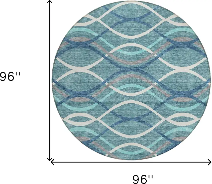 8' Teal Blue Navy Blue And Gray Round Abstract Washable Indoor Outdoor Area Rug Photo 8