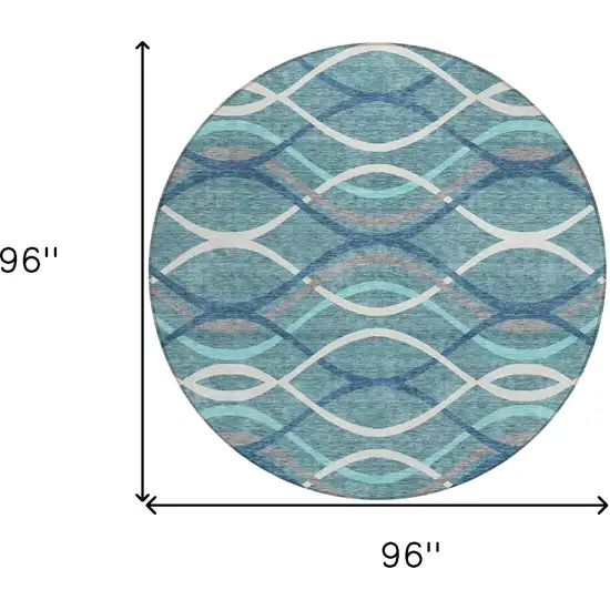 8' Teal Blue Navy Blue And Gray Round Abstract Washable Indoor Outdoor Area Rug Photo 8