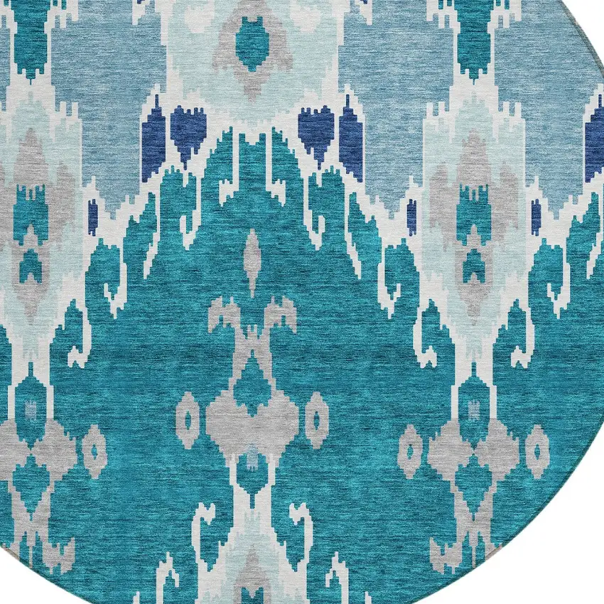 8' Teal Blue Navy Blue And Gray Round Ikat Washable Indoor Outdoor Area Rug Photo 5