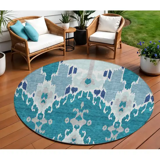 8' Teal Blue Navy Blue And Gray Round Ikat Washable Indoor Outdoor Area Rug Photo 1