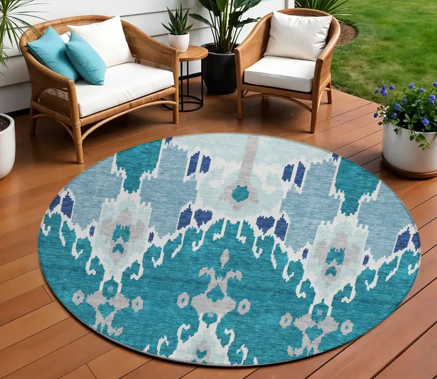 8' Teal Blue Navy Blue And Gray Round Ikat Washable Indoor Outdoor Area Rug Photo 1