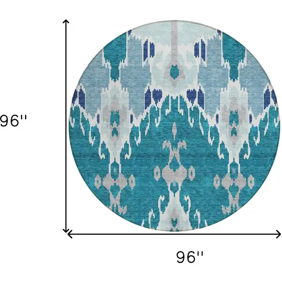 8' Teal Blue Navy Blue And Gray Round Ikat Washable Indoor Outdoor Area Rug Photo 3