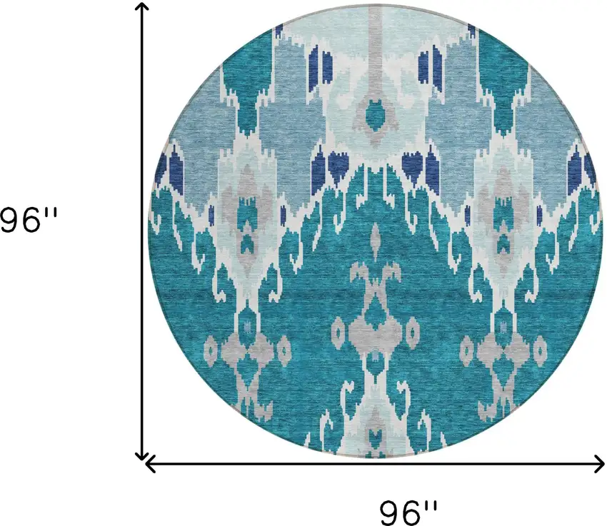 8' Teal Blue Navy Blue And Gray Round Ikat Washable Indoor Outdoor Area Rug Photo 3