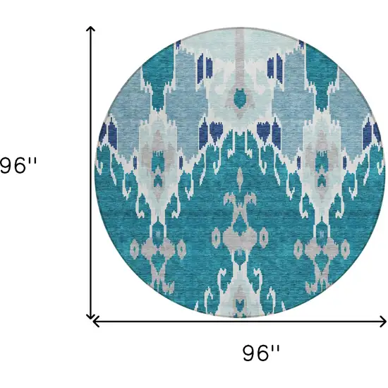 8' Teal Blue Navy Blue And Gray Round Ikat Washable Indoor Outdoor Area Rug Photo 3