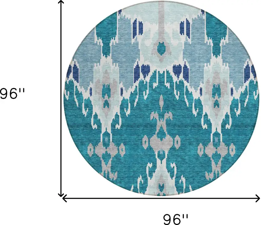 8' Teal Blue Navy Blue And Gray Round Ikat Washable Indoor Outdoor Area Rug Photo 3