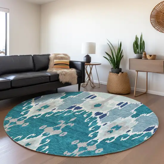 8' Teal Blue Navy Blue And Gray Round Ikat Washable Indoor Outdoor Area Rug Photo 8