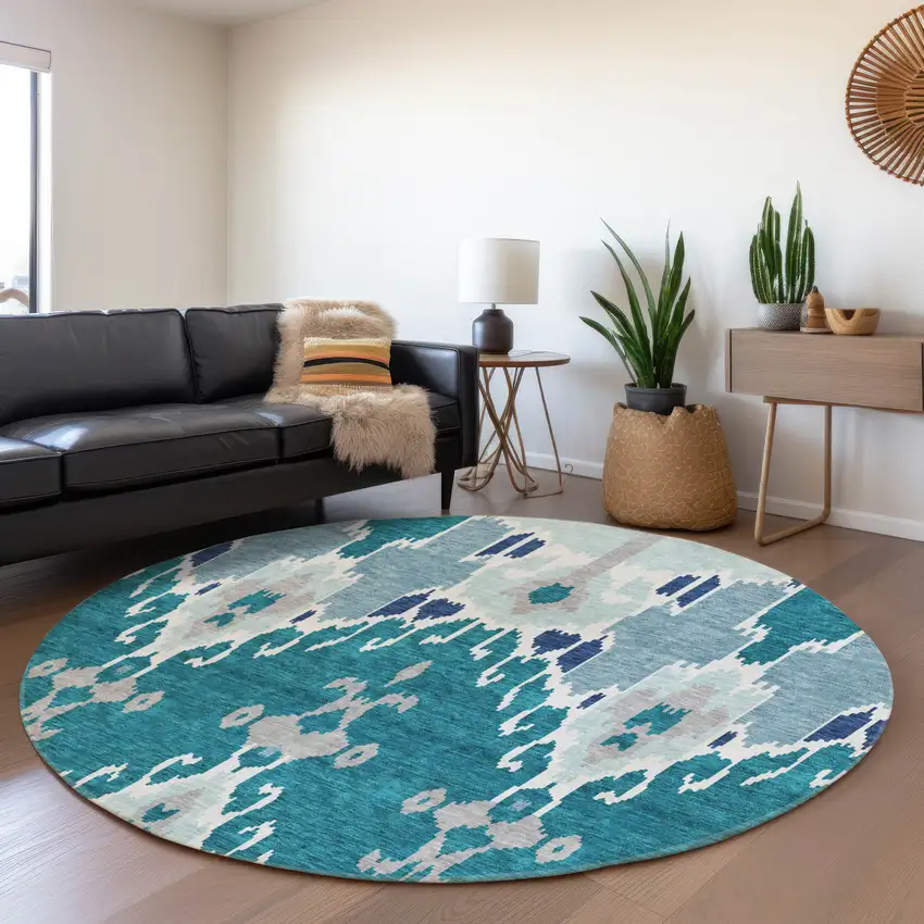 8' Teal Blue Navy Blue And Gray Round Ikat Washable Indoor Outdoor Area Rug Photo 8