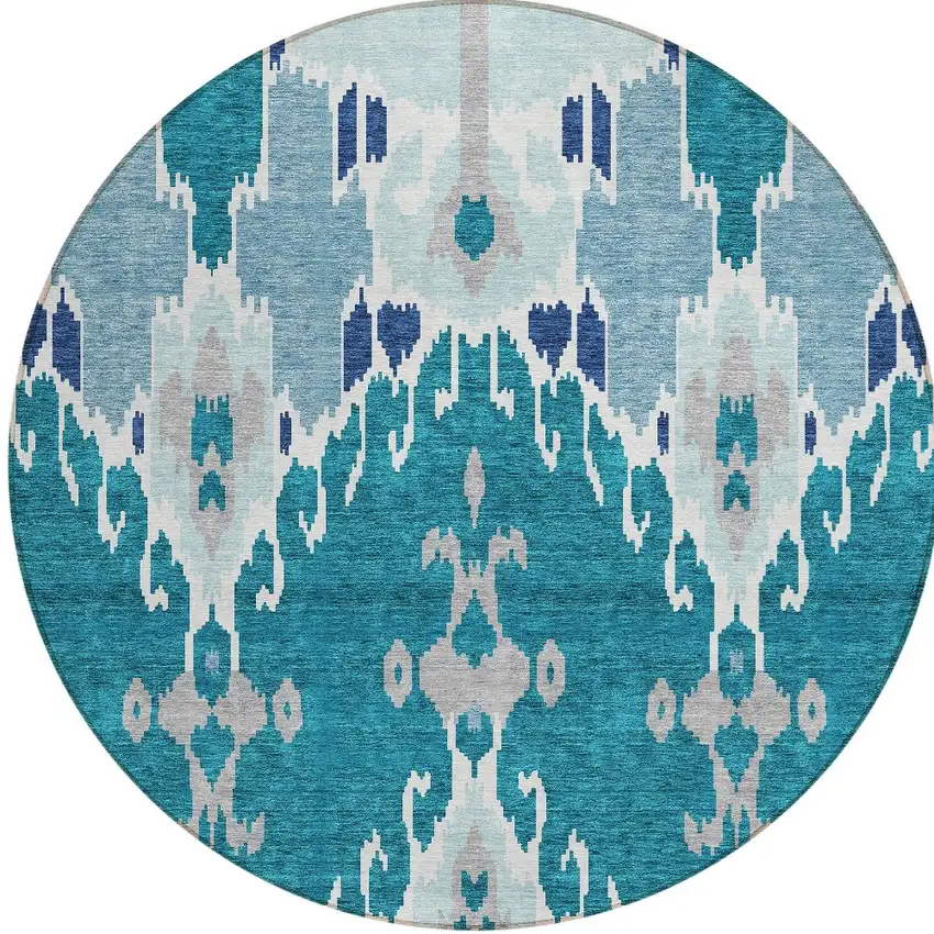 8' Teal Blue Navy Blue And Gray Round Ikat Washable Indoor Outdoor Area Rug Photo 6