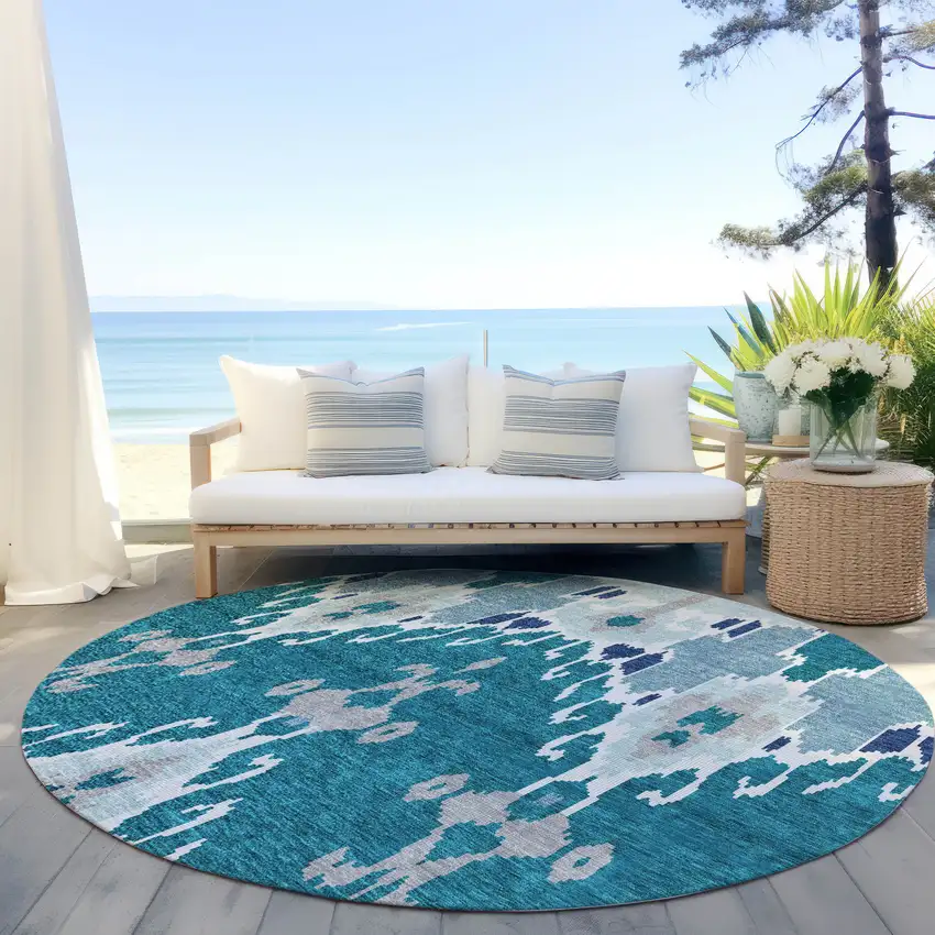 8' Teal Blue Navy Blue And Gray Round Ikat Washable Indoor Outdoor Area Rug Photo 7