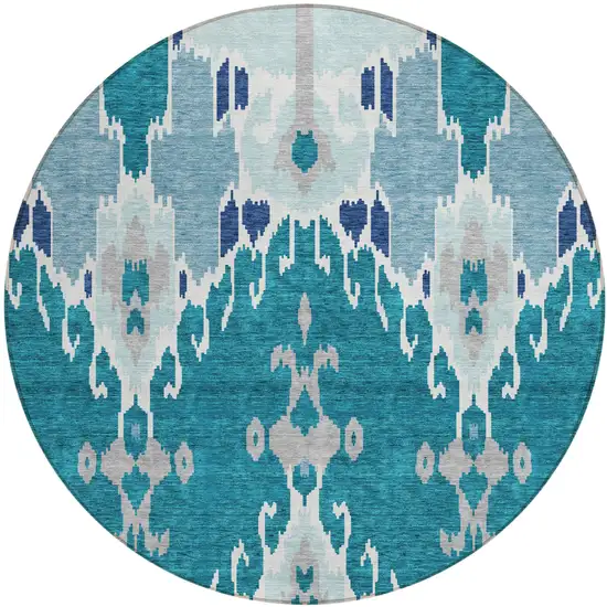 8' Teal Blue Navy Blue And Gray Round Ikat Washable Indoor Outdoor Area Rug Photo 1