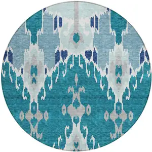 Photo of 8' Teal Blue Navy Blue And Gray Round Ikat Washable Indoor Outdoor Area Rug