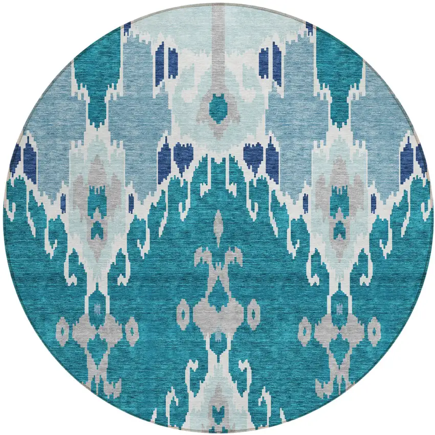 8' Teal Blue Navy Blue And Gray Round Ikat Washable Indoor Outdoor Area Rug Photo 1