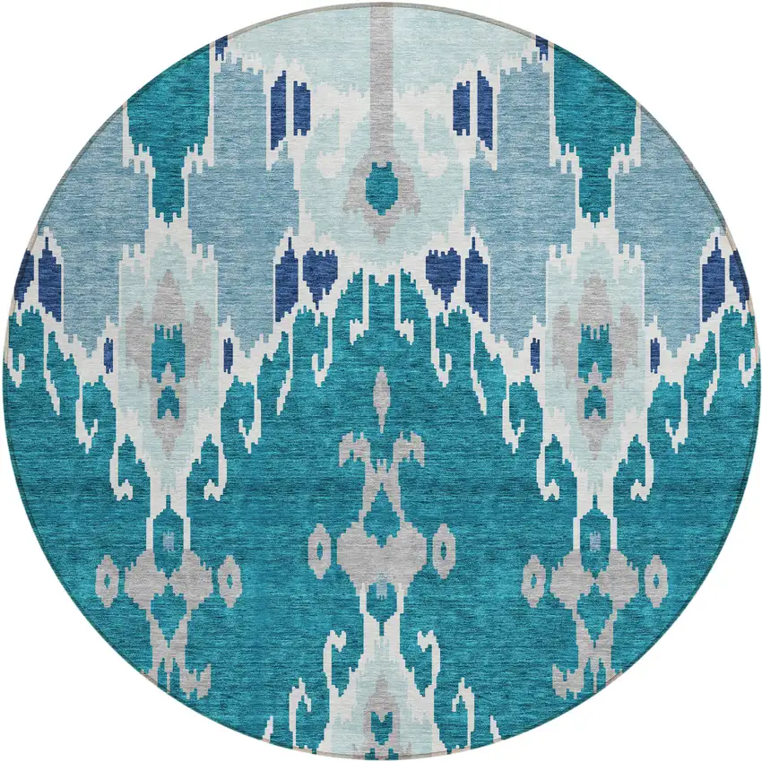 8' Teal Blue Navy Blue And Gray Round Ikat Washable Indoor Outdoor Area Rug Photo 1