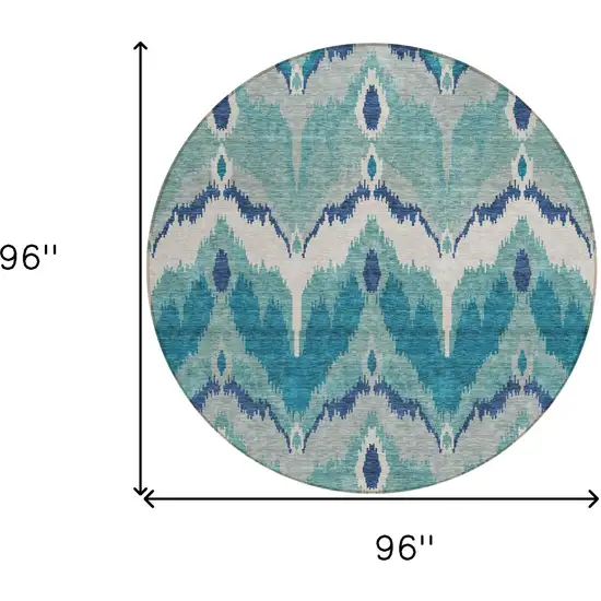 8' Teal Blue Navy Blue And Ivory Round Ikat Washable Indoor Outdoor Area Rug Photo 9