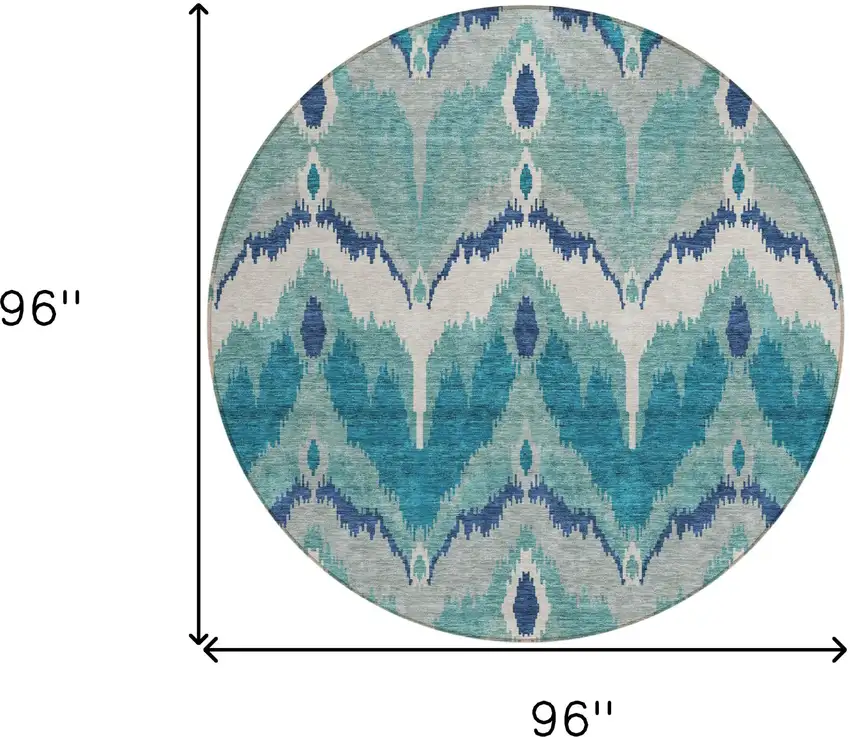 8' Teal Blue Navy Blue And Ivory Round Ikat Washable Indoor Outdoor Area Rug Photo 9