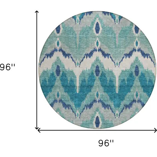 8' Teal Blue Navy Blue And Ivory Round Ikat Washable Indoor Outdoor Area Rug Photo 9