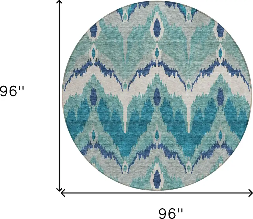 8' Teal Blue Navy Blue And Ivory Round Ikat Washable Indoor Outdoor Area Rug Photo 9