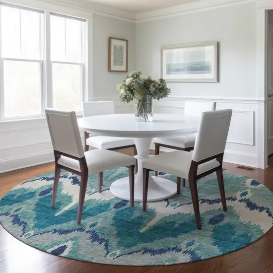 8' Teal Blue Navy Blue And Ivory Round Ikat Washable Indoor Outdoor Area Rug Photo 8