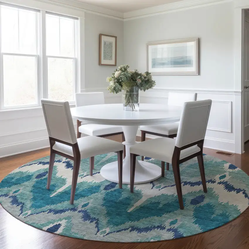 8' Teal Blue Navy Blue And Ivory Round Ikat Washable Indoor Outdoor Area Rug Photo 8