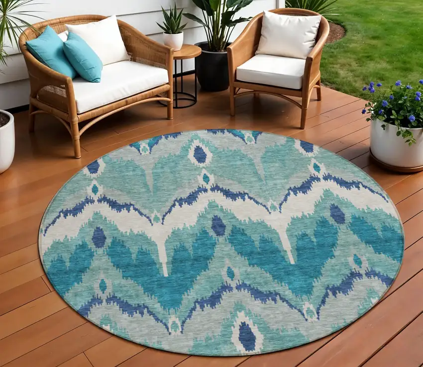 8' Teal Blue Navy Blue And Ivory Round Ikat Washable Indoor Outdoor Area Rug Photo 1