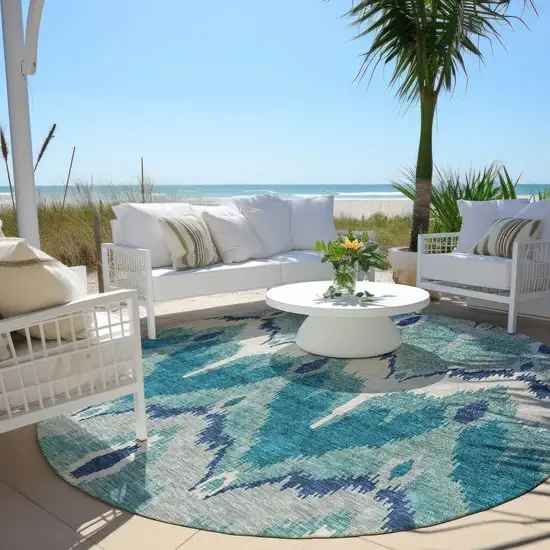 8' Teal Blue Navy Blue And Ivory Round Ikat Washable Indoor Outdoor Area Rug Photo 7