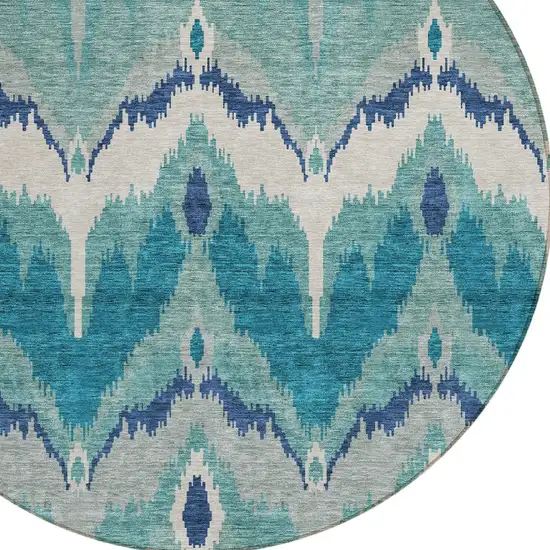 8' Teal Blue Navy Blue And Ivory Round Ikat Washable Indoor Outdoor Area Rug Photo 5