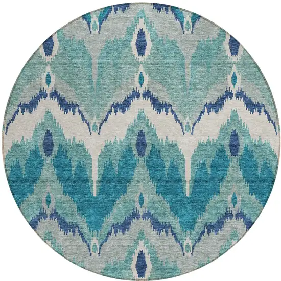 8' Teal Blue Navy Blue And Ivory Round Ikat Washable Indoor Outdoor Area Rug Photo 6