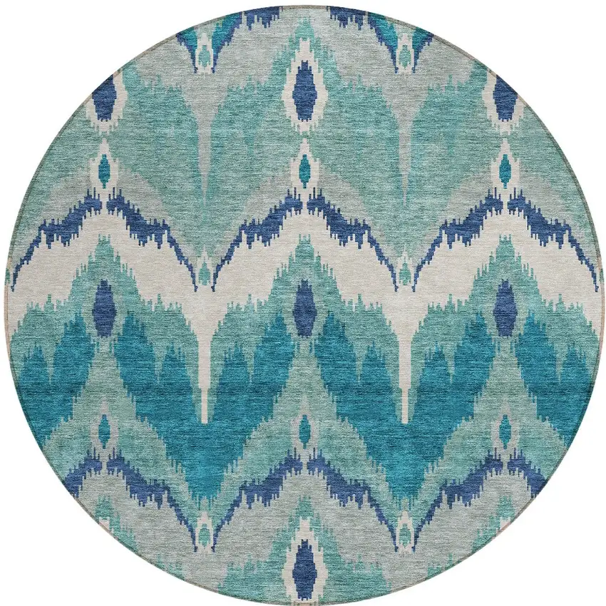 8' Teal Blue Navy Blue And Ivory Round Ikat Washable Indoor Outdoor Area Rug Photo 6