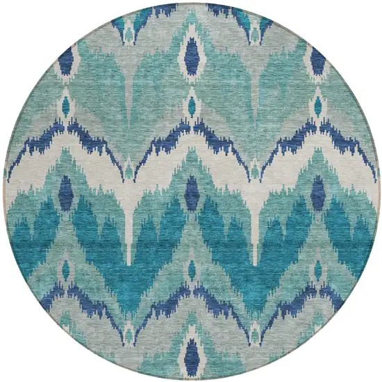 8' Teal Blue Navy Blue And Ivory Round Ikat Washable Indoor Outdoor Area Rug Photo 1