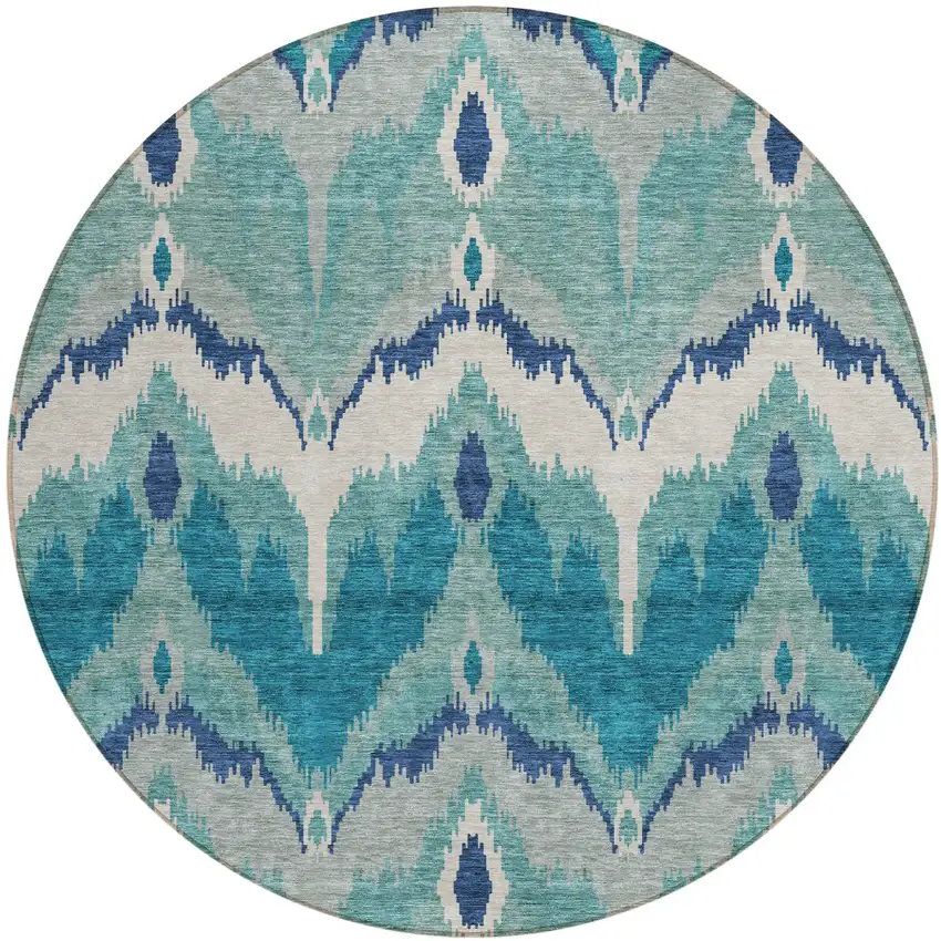 8' Teal Blue Navy Blue And Ivory Round Ikat Washable Indoor Outdoor Area Rug Photo 1