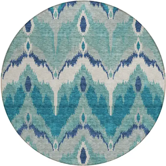 8' Teal Blue Navy Blue And Ivory Round Ikat Washable Indoor Outdoor Area Rug Photo 1