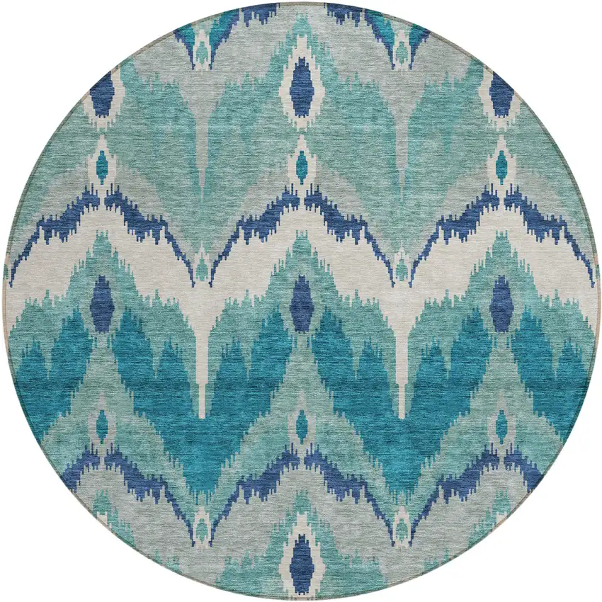 8' Teal Blue Navy Blue And Ivory Round Ikat Washable Indoor Outdoor Area Rug Photo 1