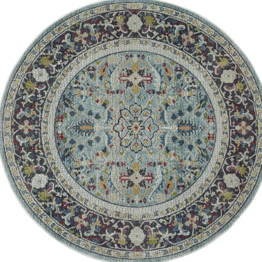 6' Teal Blue Orange and Black Floral Distressed Non Skid Round Rug Photo 8