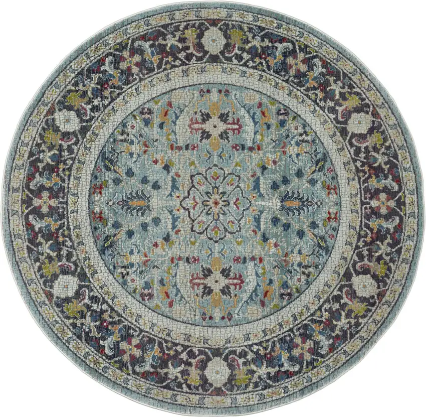 6' Teal Blue Orange and Black Floral Distressed Non Skid Round Rug Photo 2
