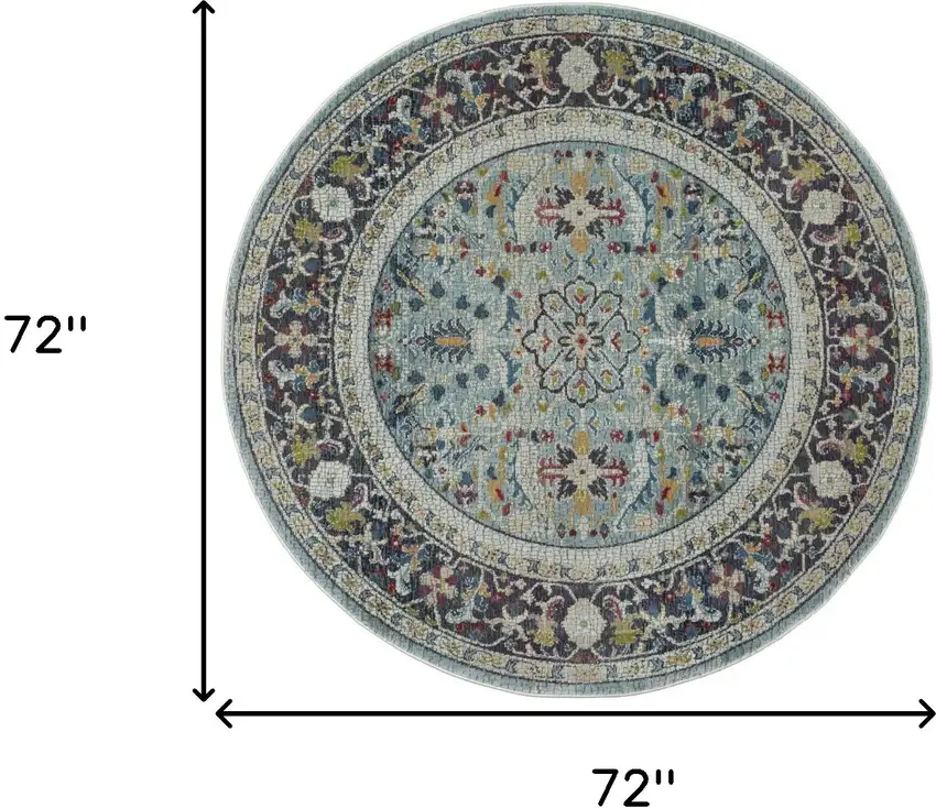 6' Teal Blue Orange and Black Floral Distressed Non Skid Round Rug Photo 3