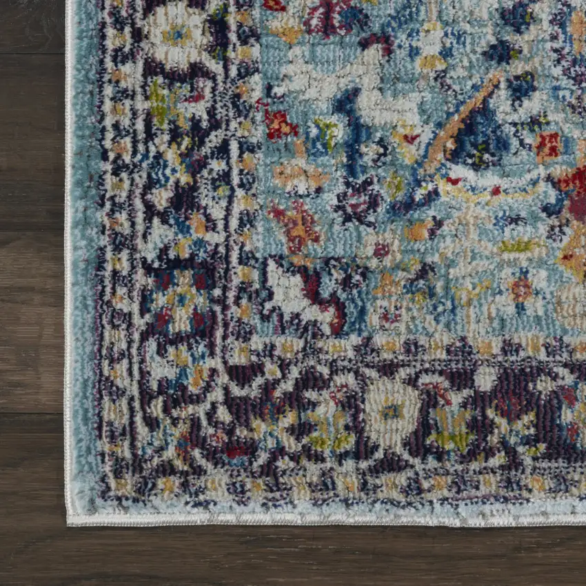 6' Teal Blue Orange and Black Floral Distressed Non Skid Runner Rug Photo 9